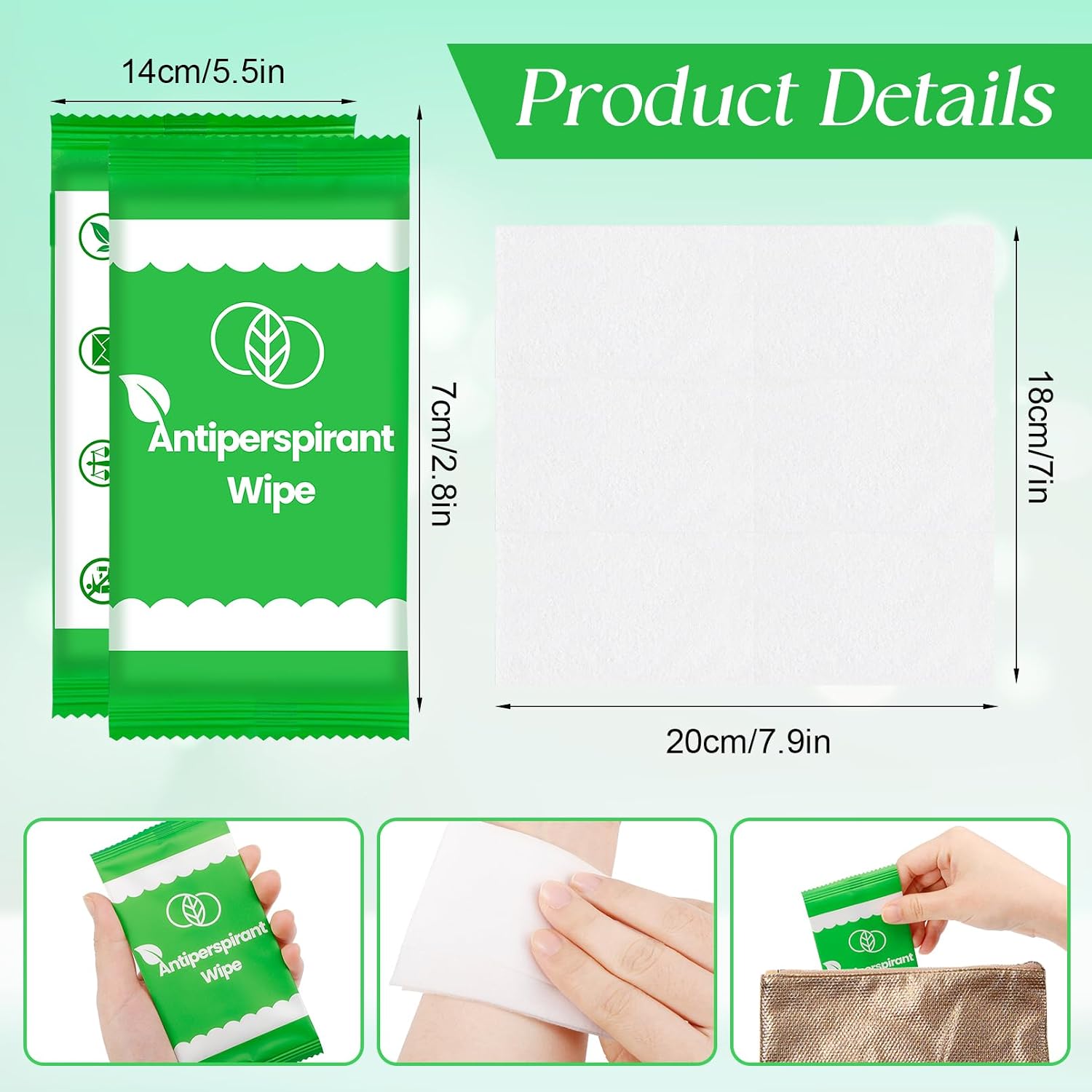 300 Pack Deodorant Wipes Individually Wrapped, Personal Cleansing Wipes for Travel, Antiperspirant Wipe for Adult Women Men Homeless, Travel Size Unscented Hand Wipe with Vitamin E, Green