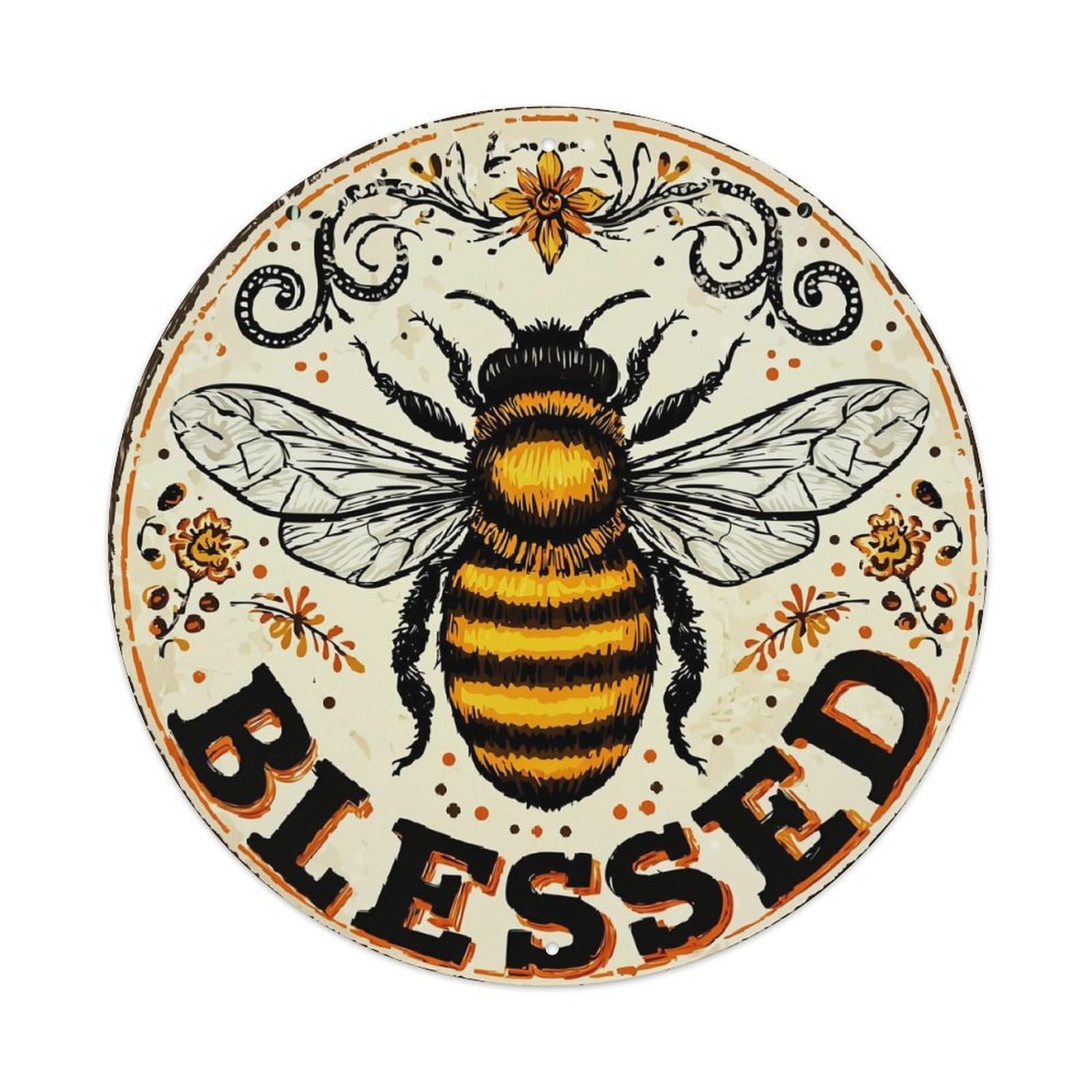Blessed Bee Vintage Circular Design Vintage Metal Tin Sign Retro Wall Decor for Home Bar Garage Cafe, Indoor & Outdoor Decorative，circle Metal Poster, 8x8 Inch