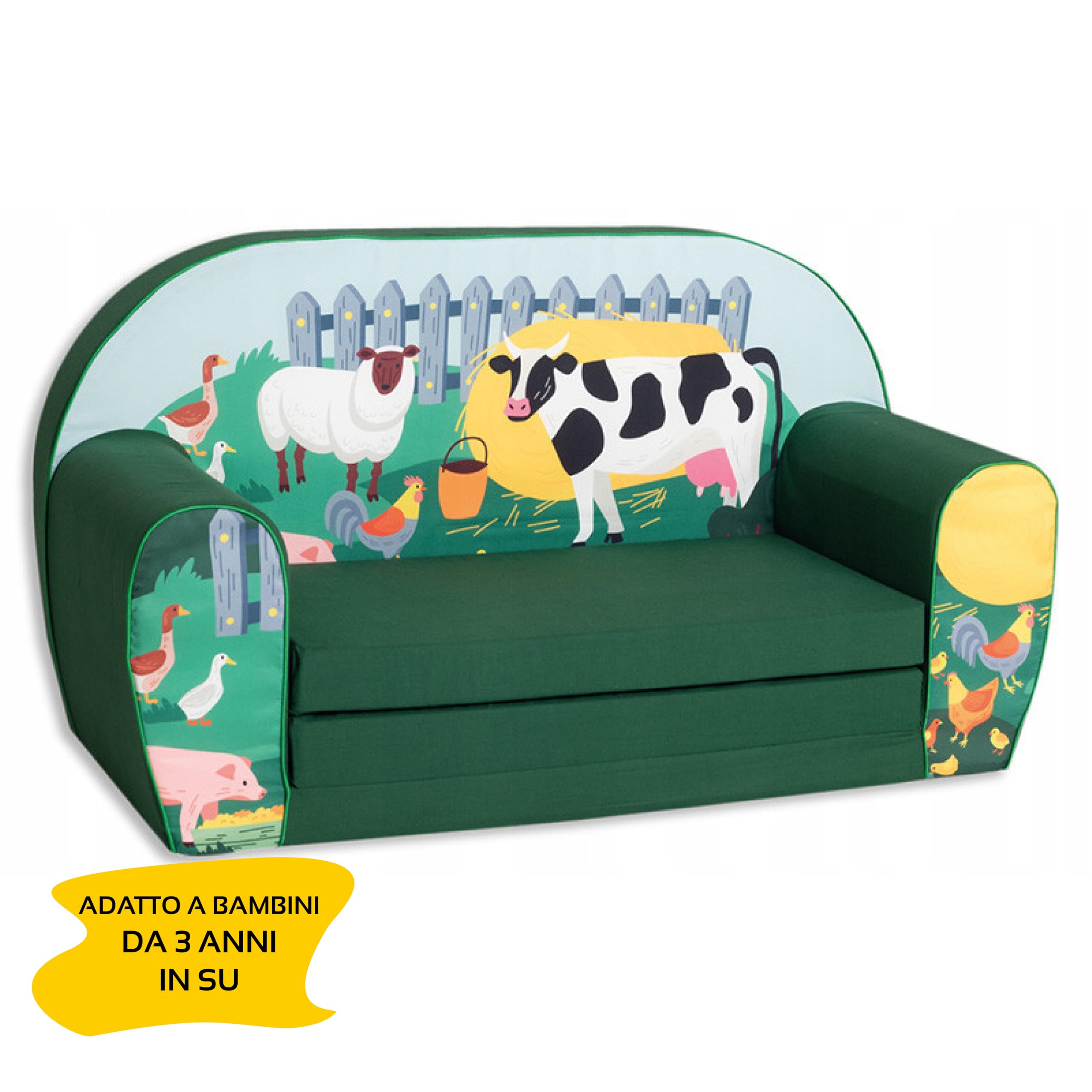 Palmitessa Divano Per Bambini 2 Posti Divanetto Per Bambini Perfetto per giocare e dormire - Con materasso, cuscino e pouf sfoderabili 50x80x31cm (Fattoria)