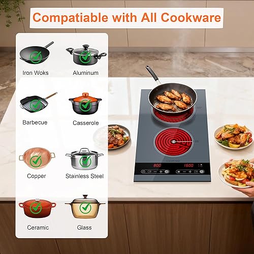 Miniatura 4 de Diseño de doble bobina de cocina eléctrica de doble quemador, placa caliente de cerámica de 1800 W para cocinar, encimera portátil infrarroja de 2
