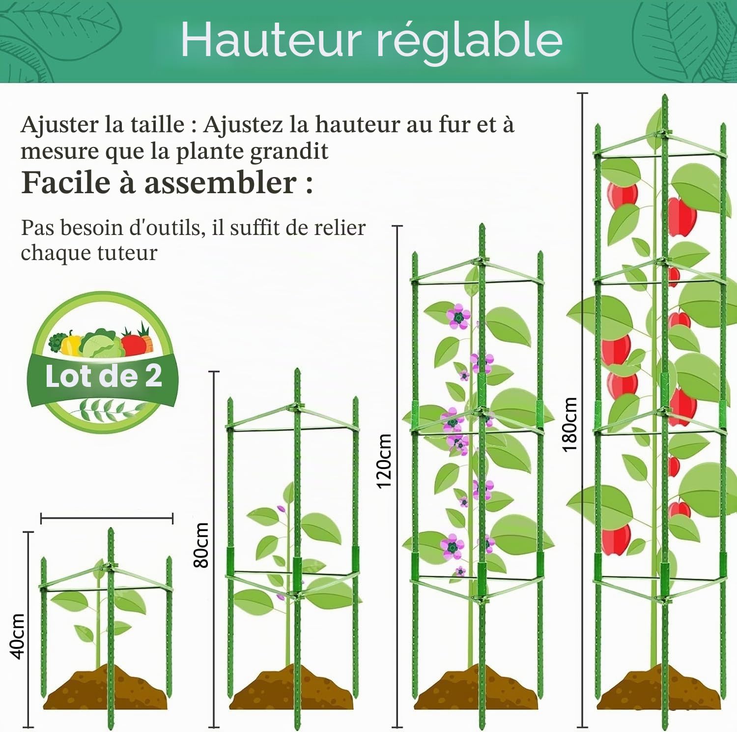 KAHEIGN 2 Pièces Cages à Tomates de Jardin, 160CM Treillis de Cadre de Support pour Plantes Réglable pour Verticale Escalade Usine Légumes Fleur Fruits Vigne - avec 60 Attaches Torsadées, 20 Pinces