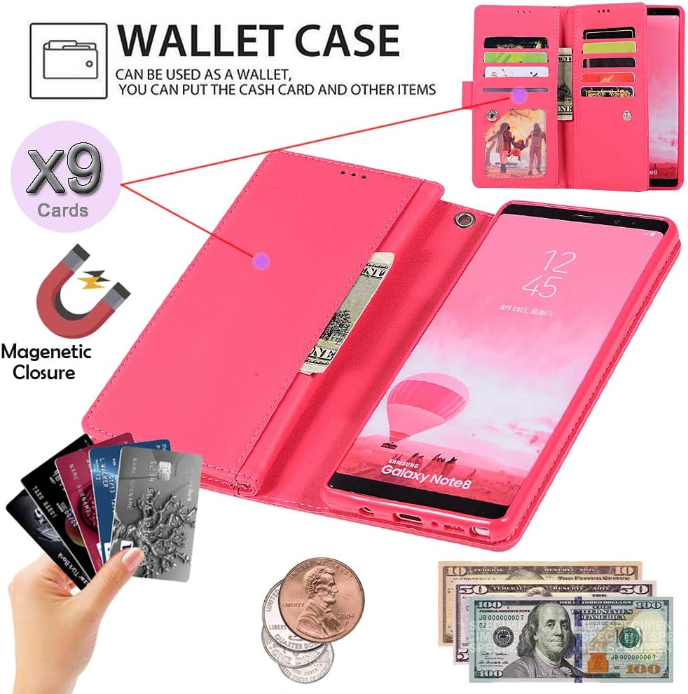 Note 8 Bling Wallet Case with Strap,Auker Folio Flip Leather 9 Card Holder Folding Stand Wallet Case Full Body Protective Glitter Purse Case with Money Pocket for Women Samsung Galaxy Note8 (Rose)