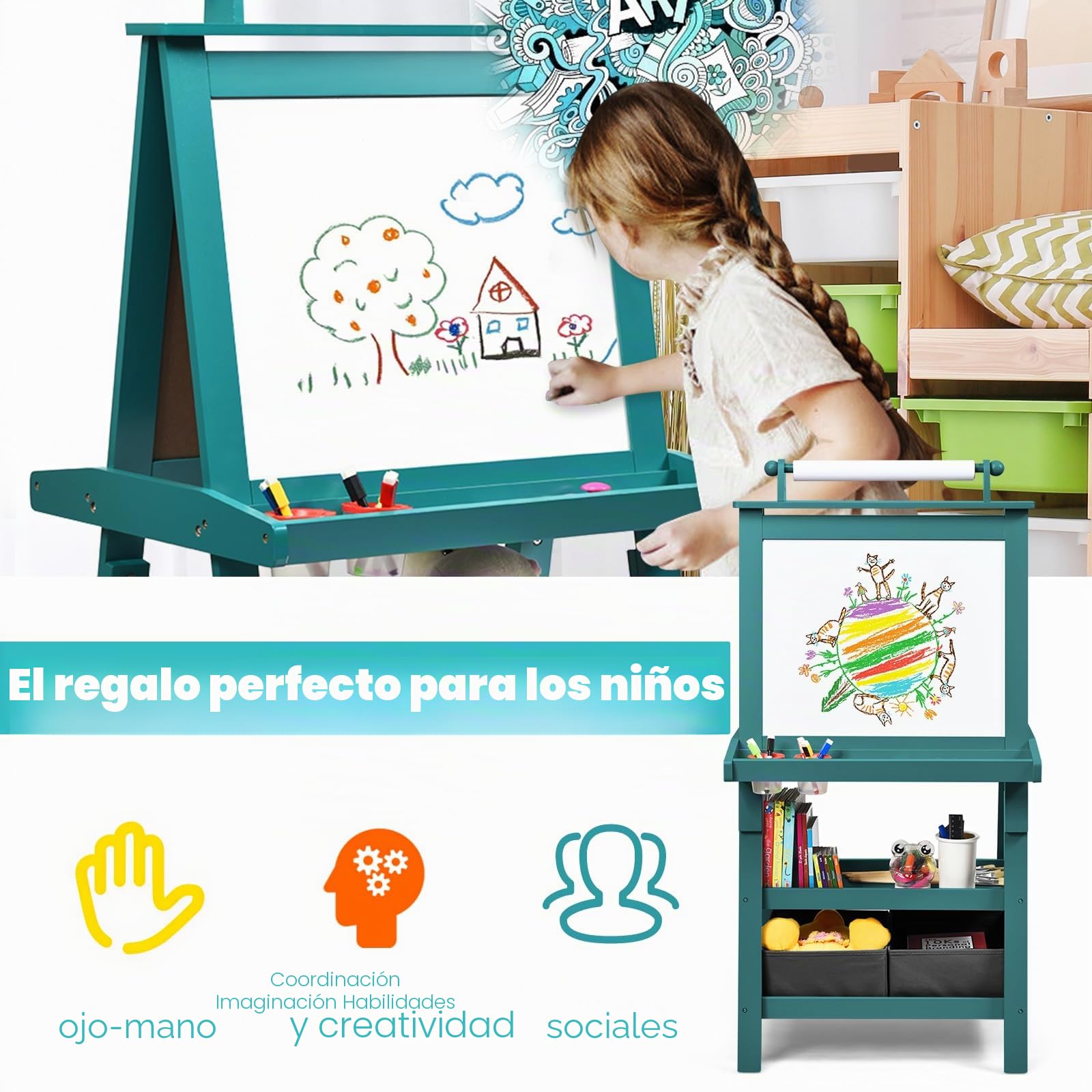 RELAX4LIFE Pizarra 3 en 1 para niños de doble cara, 56 × 43 × 117 cm (azul)
