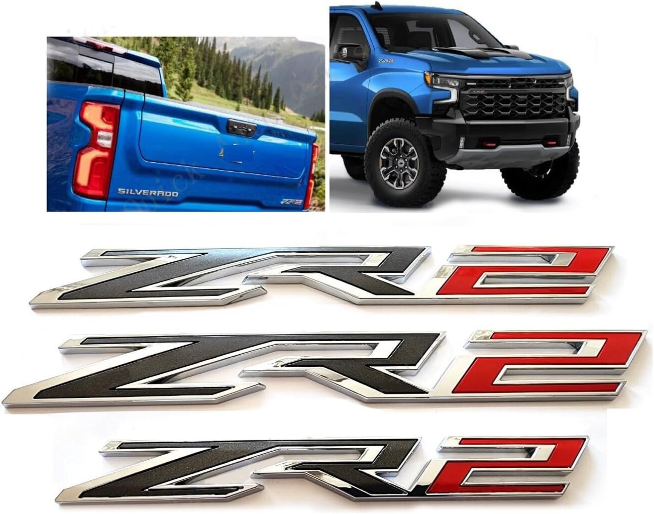 3pack OEM Two Side ZR2 Emblems Badges Plus Rear ZR2 Compatible with Silverado Colorado 84865797 (Chrome Red)
