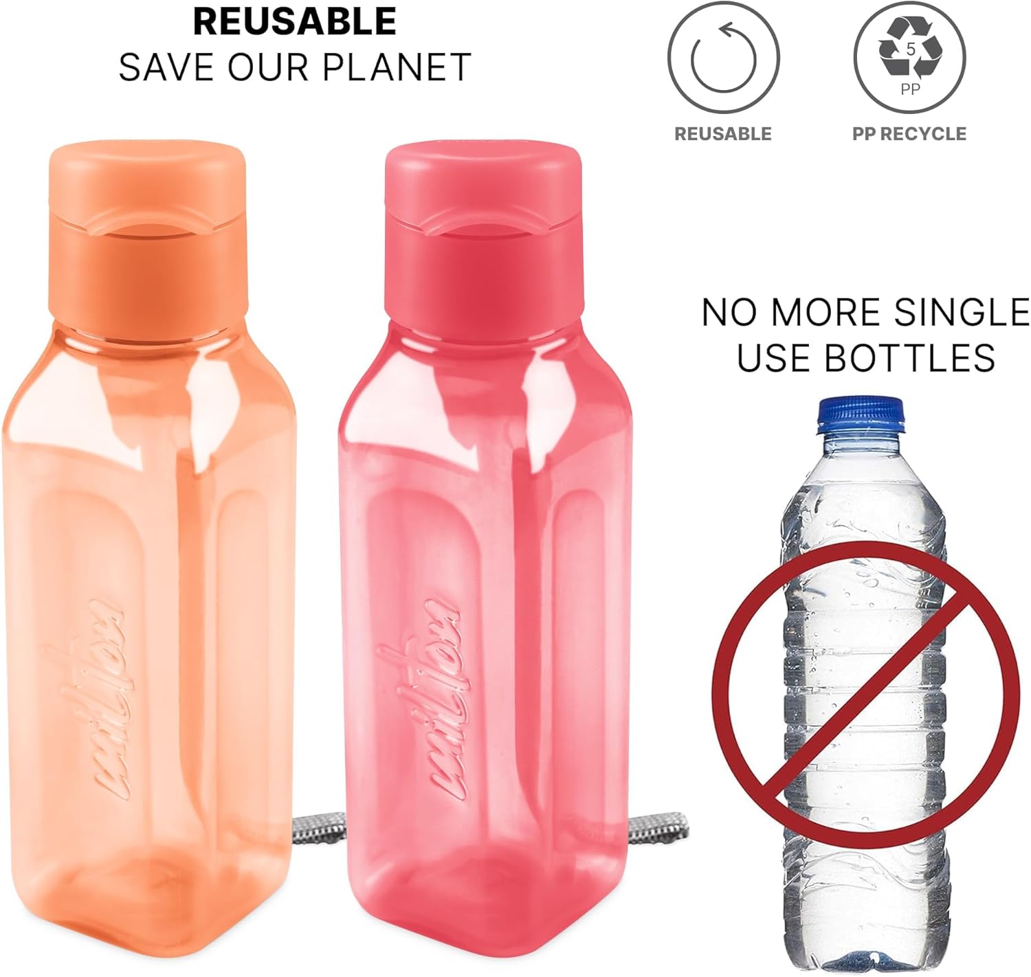 MILTON Travel Water Bottle – 1Pcs Reusable Sports Bottle with Easy Open Close Lid and Leakproof Neck – Food Grade Plastic Water Bottles for Adults and Kids, School, Gym - Image 5