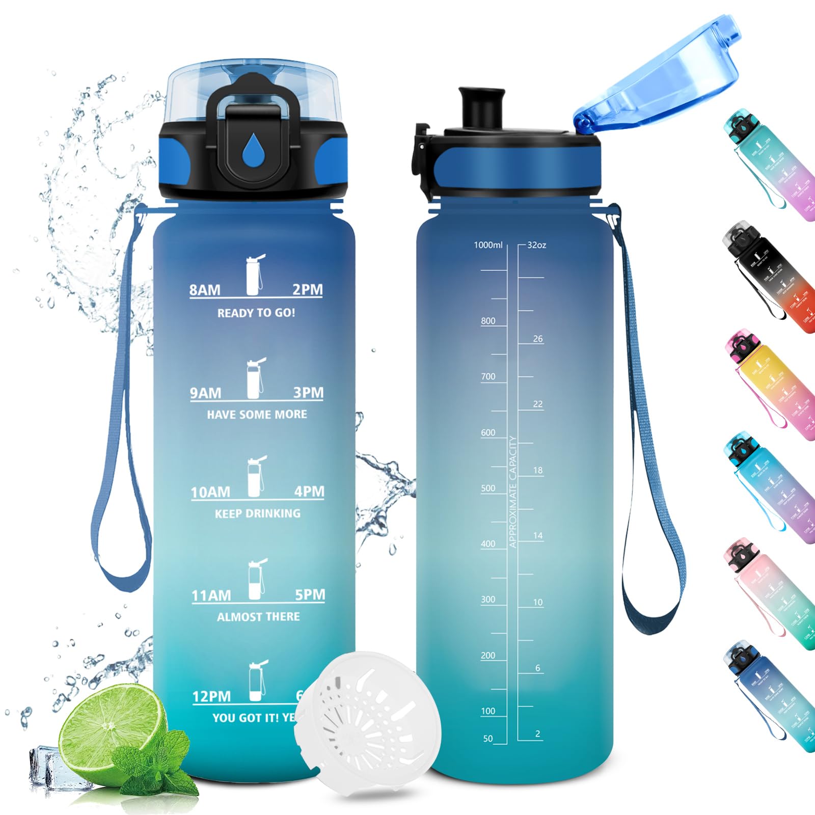 KollyKolla 1L Water Bottle, Filter Bottle, Motivational Time Marker, Reusable Water Bottle, Leak Proof, Water Bottles for Kids, Sports, Gym, School, Gym, Office, Yoga