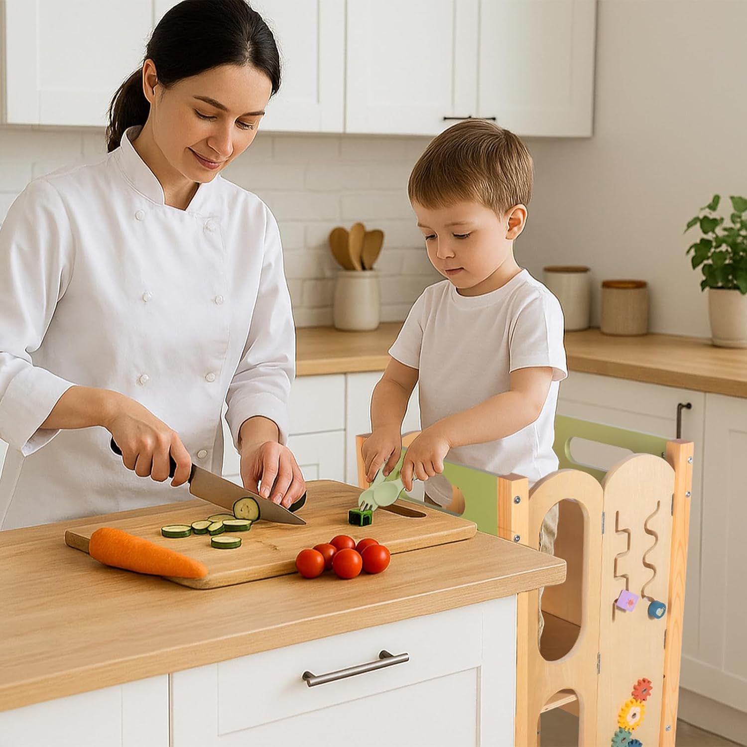 aiwo 6in1 Foldable Toddler Tower with 2-Step Stool Kitchen Standing Stool, 3 Adjustable Heights, Chalk-Whiteboard & Learning Activity Games 5 aiwo 6in1 Foldable Toddler Tower with 2-Step Stool Kitchen Standing Stool, 3 Adjustable Heights, Chalk-Whiteboard & Learning Activity Games - Image 3