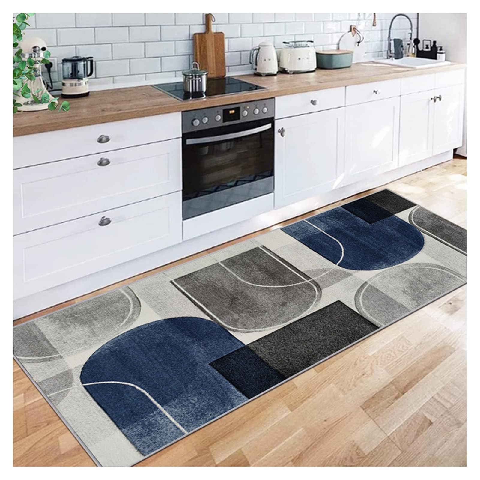 Siunwdiy Alfombra Cocina Lavable Antideslizante，Azul Marino, Gris Alfombra Pasillo Larga，1.2 Metros， Lavable En La Lavadora，para Pasillo, Cocina, Dormitorio, baño, Entrada，50X120cm
