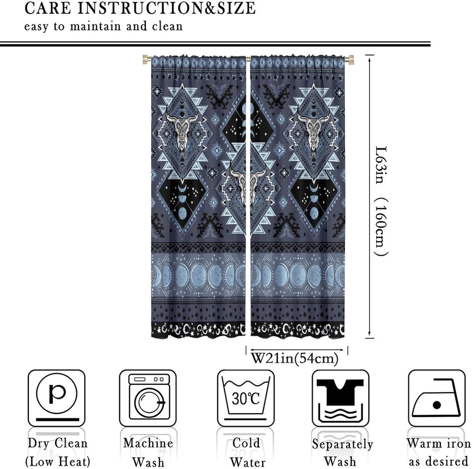 Aztec Cow Skull Blackout Window Curtains, Western Vintage Traditional Geometric Textured Boho Print Rod Pocket Window Drapes, for Living Room Bedroom 21(W)*63(L) 2 Panels