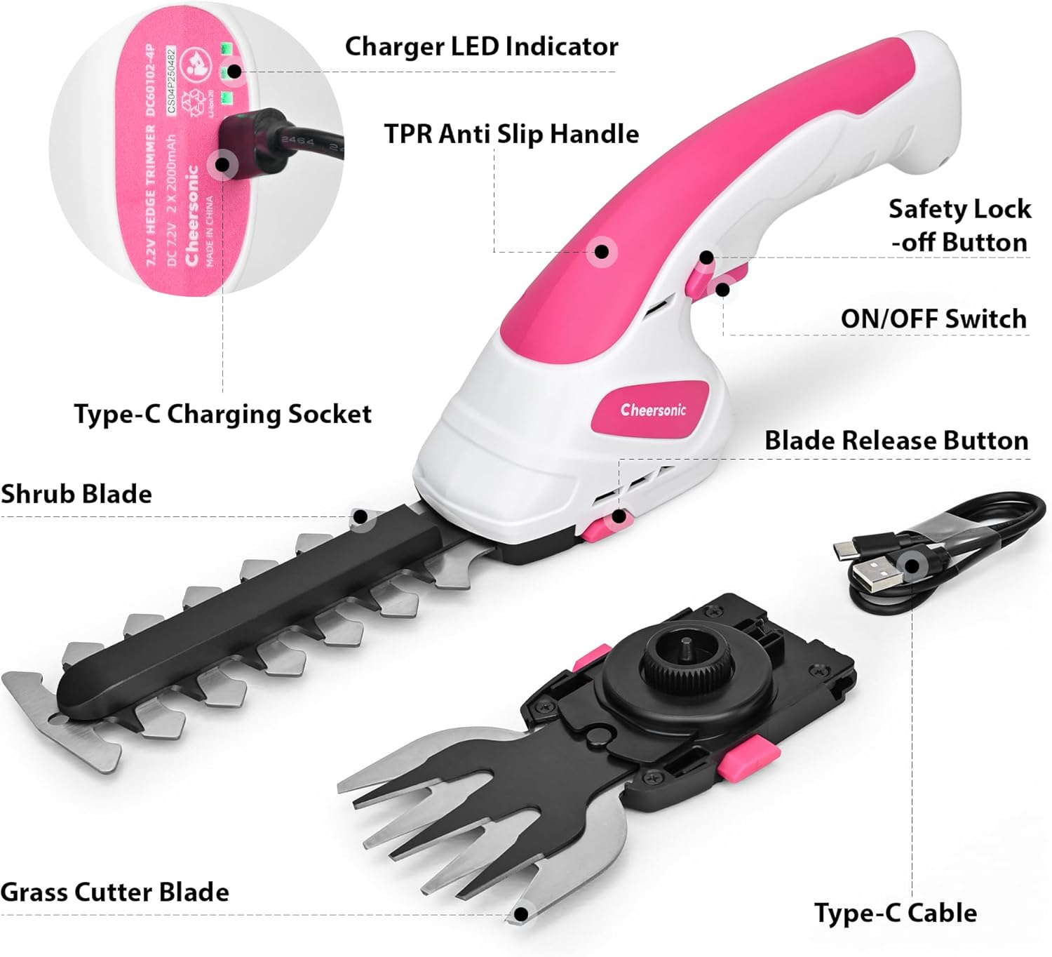 Cordless Grass Shear & Hedge Trimmer 7.2V Handheld Electric Grass Trimmer with 2 * 2000mAh Battery 2 in 1 Lightweight Shrub Trimmer Type-C Cable for Small Bushes, Lawn Edging & Garden Pink