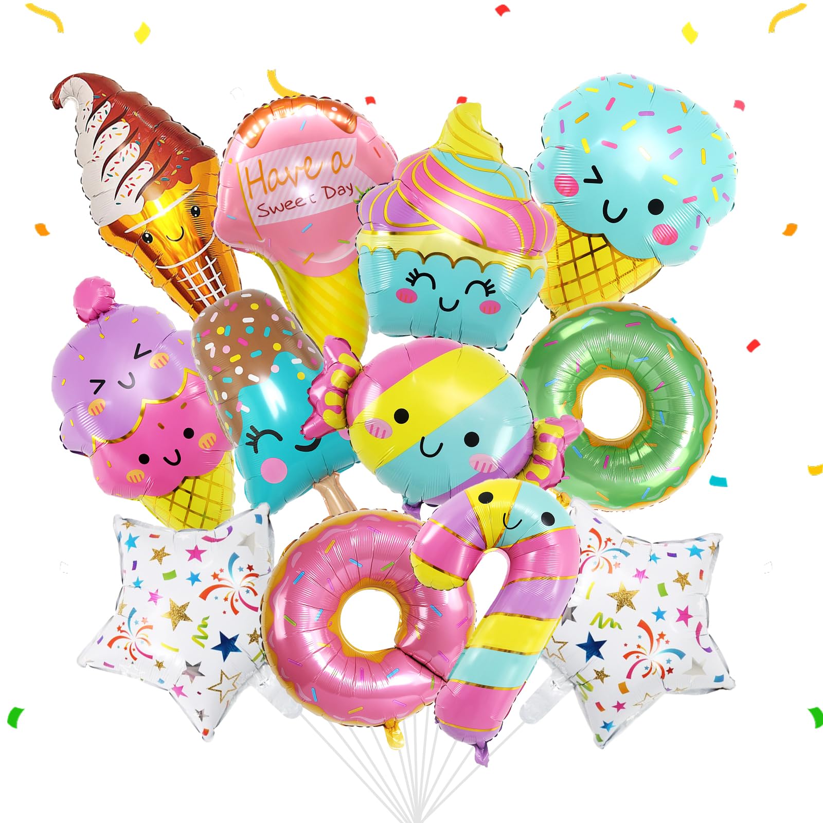 13pcs Donut Candy Balloon Decoration, Colorful Ice Cream Dessert Food Foil Balloon, Candy Birthday Party Decorations for Kids Girls Baby Shower Theme Party