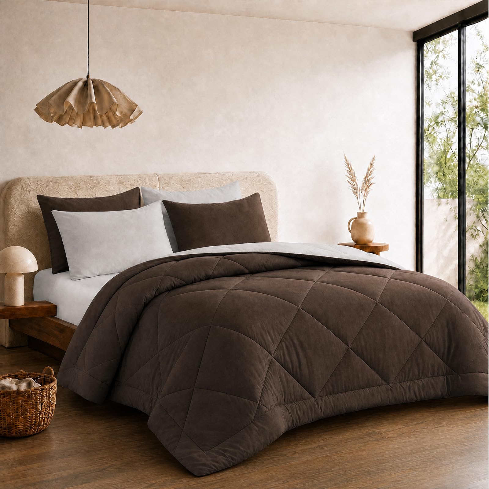 VelvetMis Coverless Duvet Double 10.5 Tog - 200x 200cm, Brown And Light Grey Quilt, Reversible Comforter with 2 Pillowcases โ image 1