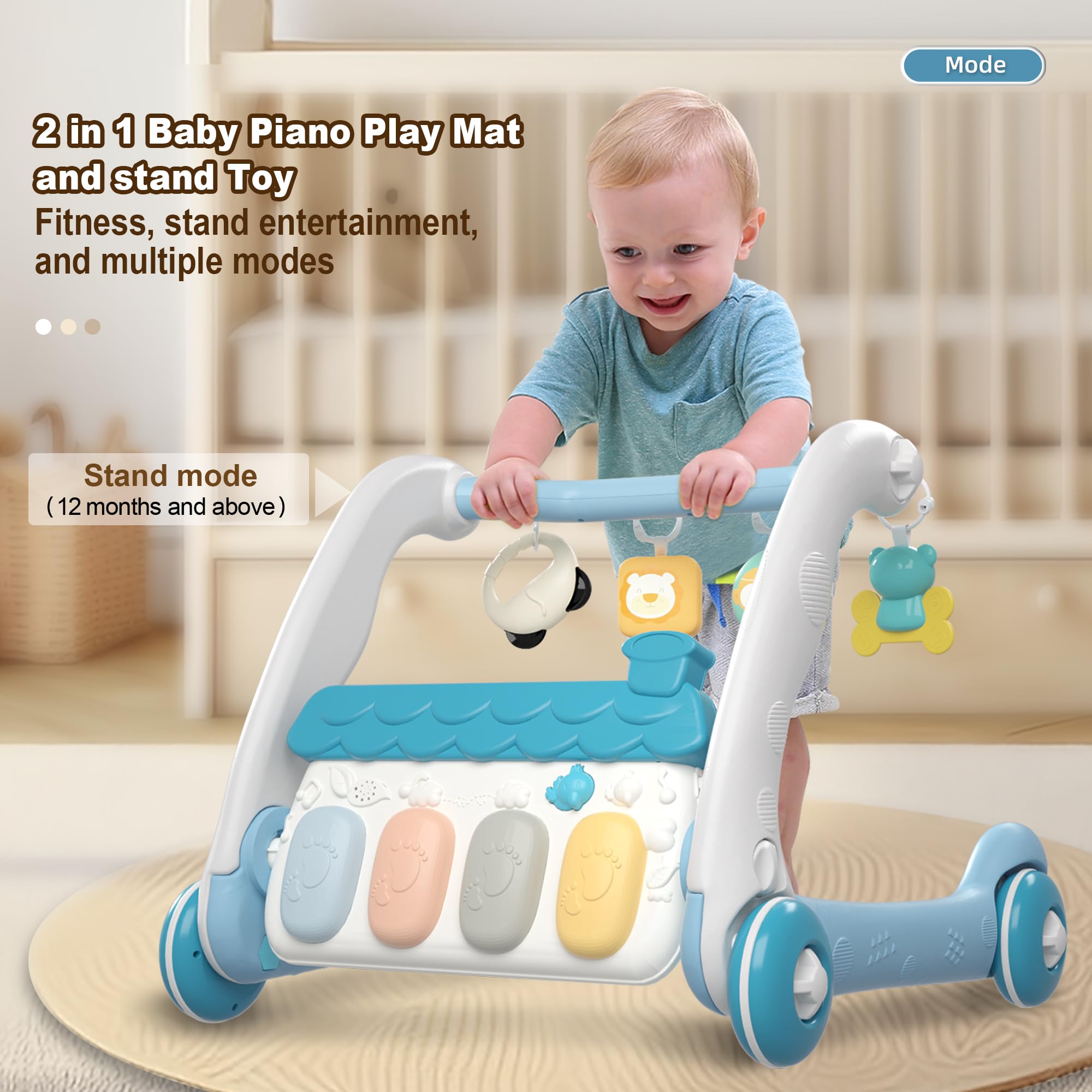 Gimnasio de actividades y centro de actividades 2 en 1 con tapete de juego de piano para bebés (Blue)