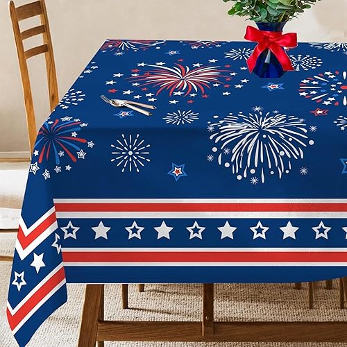 Hexagram 4th of July Tablecloth, Patriotic Tablecloth Rectangle 54x78 inch, Red and Blue Stars Indoor or Outdoor American Flag Independence Day