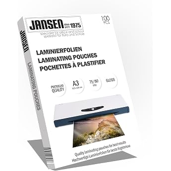 Jansen - Laminating Pouches Pack of 100 A3 75/80 Micron High Gloss Packaging May Vary