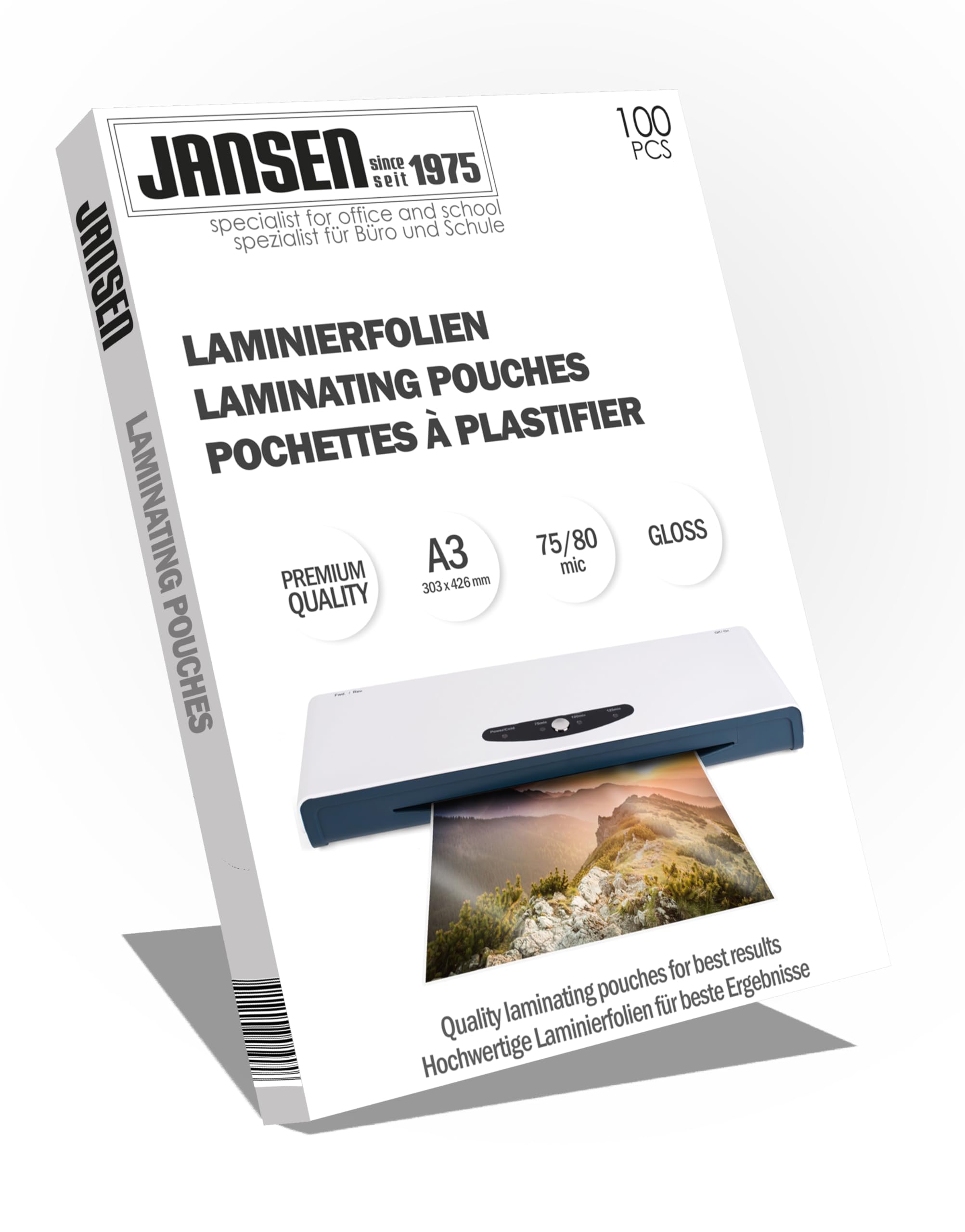 Jansen- A3 Laminating Pouches, 75/80 Micron High Gloss, Packaging May Vary (Packing of 100)