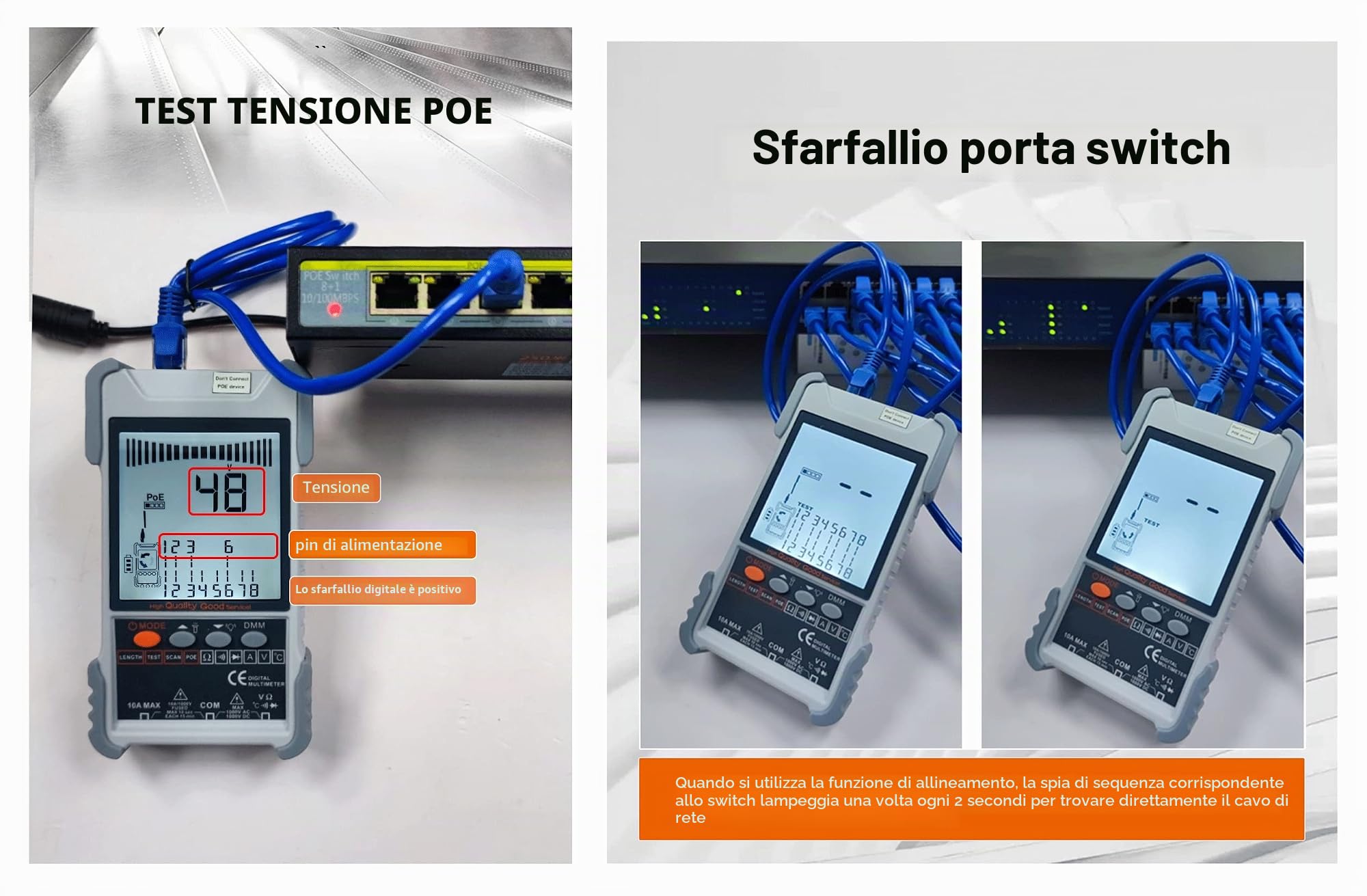 KALEA-INFORMATIQUE Tester di rete e multimetro digitale professionale LCD RJ45 RJ11: mappatura, continuità, lunghezza, POE, tensione, localizzazione, torcia, tensione CC CA, temperatura, diodi