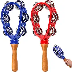 Pacote com 2 pandeiros de 30,5 cm para adultos, duas fileiras de metal, pandeireira manual, instrumento de percussão manual de madeira, sinos musicais para festas escolares e shows na igreja