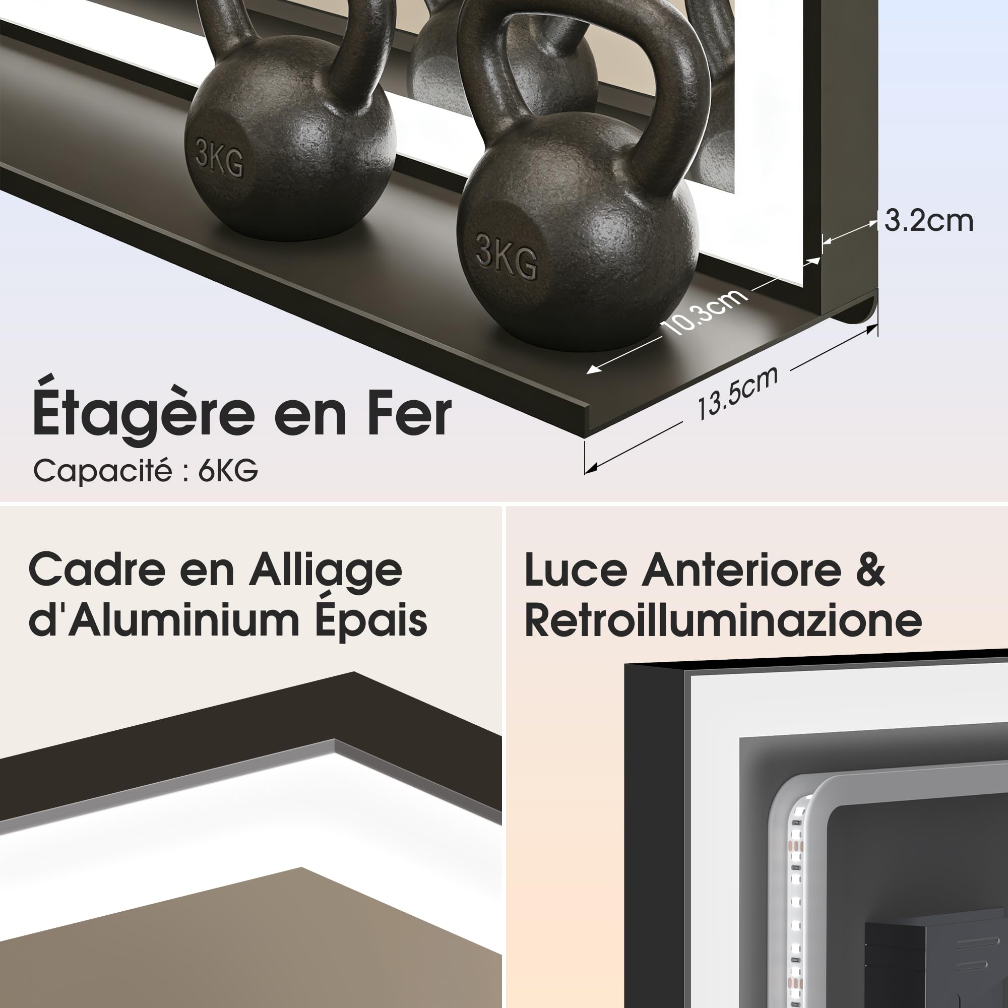 STARLEAD 120x90cm Miroir-Salle-de-Bain-avec-Eclairage-et-Tablette, Cadre en Aluminium Noir, Anti-Buée Miroir-LED-Salle-de-Bain, 3 Couleurs Réglables, Verre Trempé, IP44, Horizontal/Vertical
