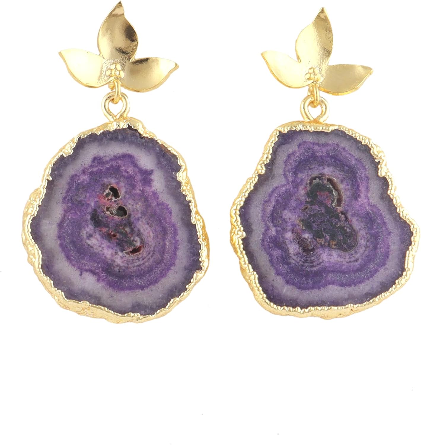 Guntaas Gems Trendy Purple Solar Quartz Fancy Brass Gold Plated Drop Dangle Leaf Earrings Gift For Her