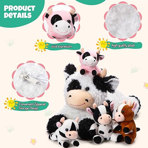 Miniatura 3 de Shappy Juego de 5 animales de peluche de vaca, 1 animal de peluche de vaca mamá con 4 vacas de peluche en su barriga, juego de peluche suave para