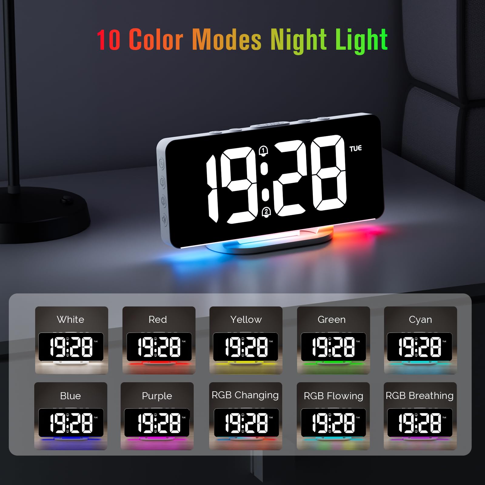 CHEREEKI Sveglia da Comodino Digitale a Corrente, Sveglie Digitali con 11 Colori Numerici e 10 Luce Notturna, Luminosita Regolabile, Alimentazione Elettrica, Bianco