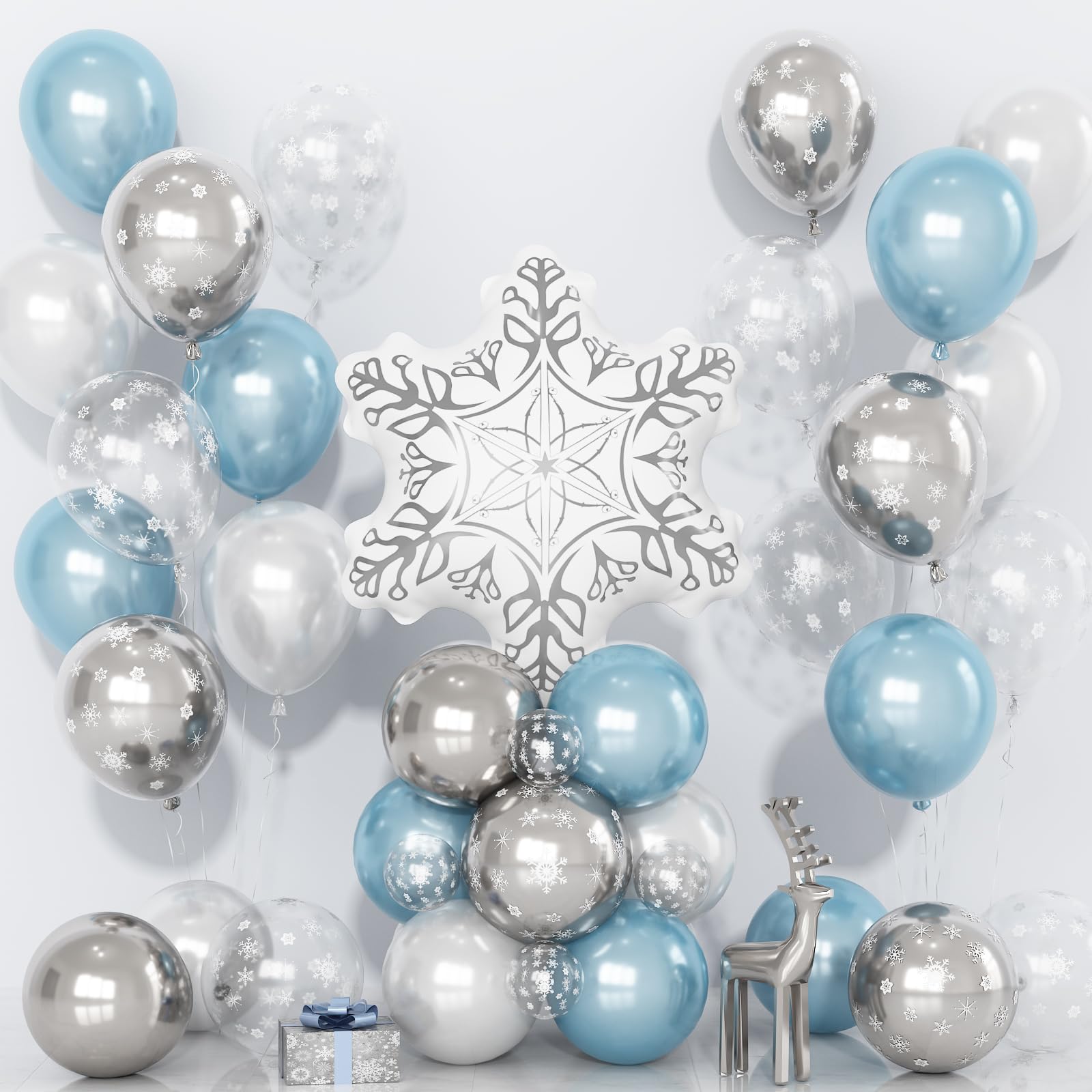 Blue and White Snowflake Balloons, Light Blue and Silver White Latex Balloon with Snowflake Helium Foil Winter Wonderland Balloons Kit for Christmas New Year Baby Shower Xmas Party Decorations — image 1
