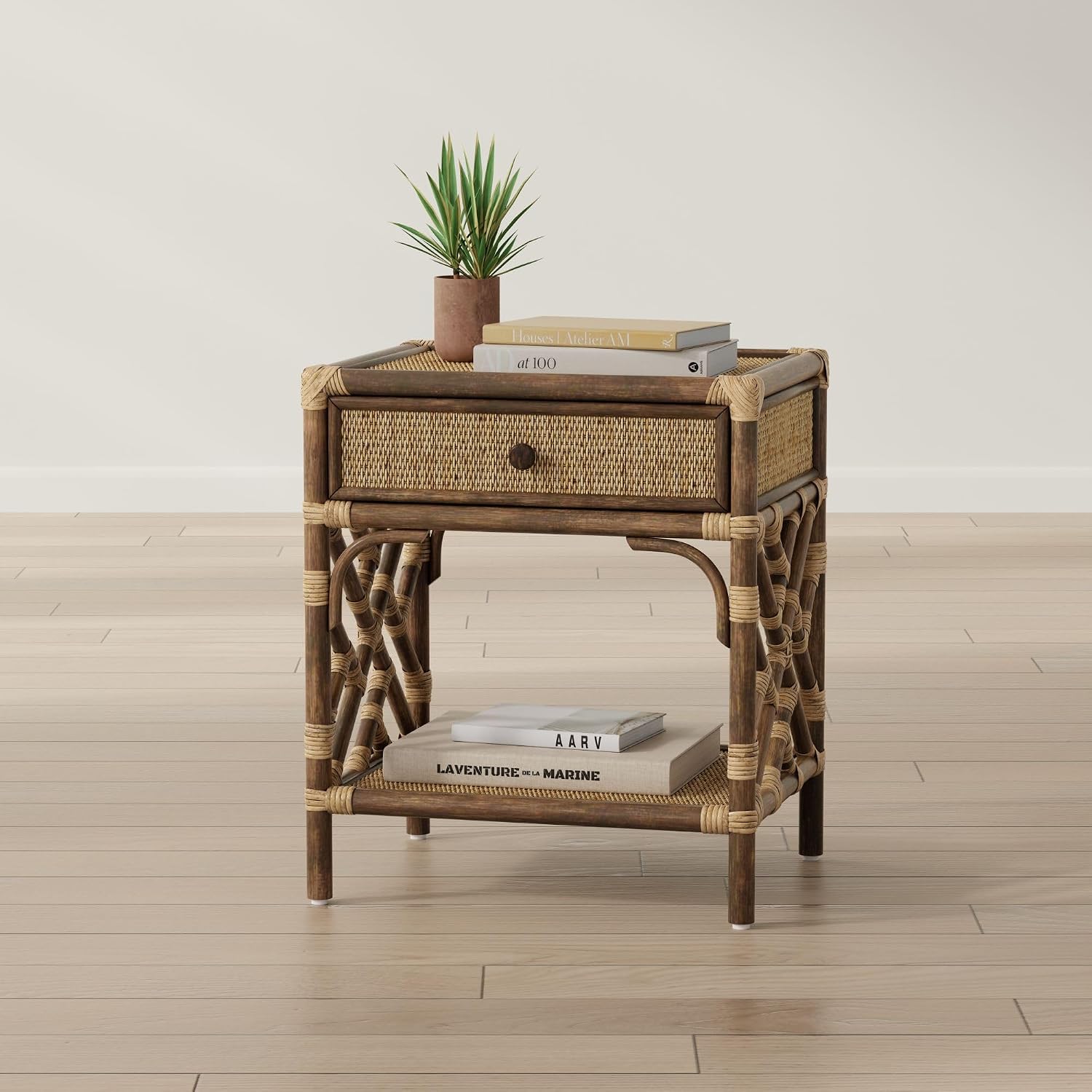 KOUBOO Rattan Bedside Table – Chippendale Design Nightstand Table for Living Room | Boho Table with One Drawer, Mid-Century, Modern Accent Table with Storage for Bedroom Furniture, Antique Brown