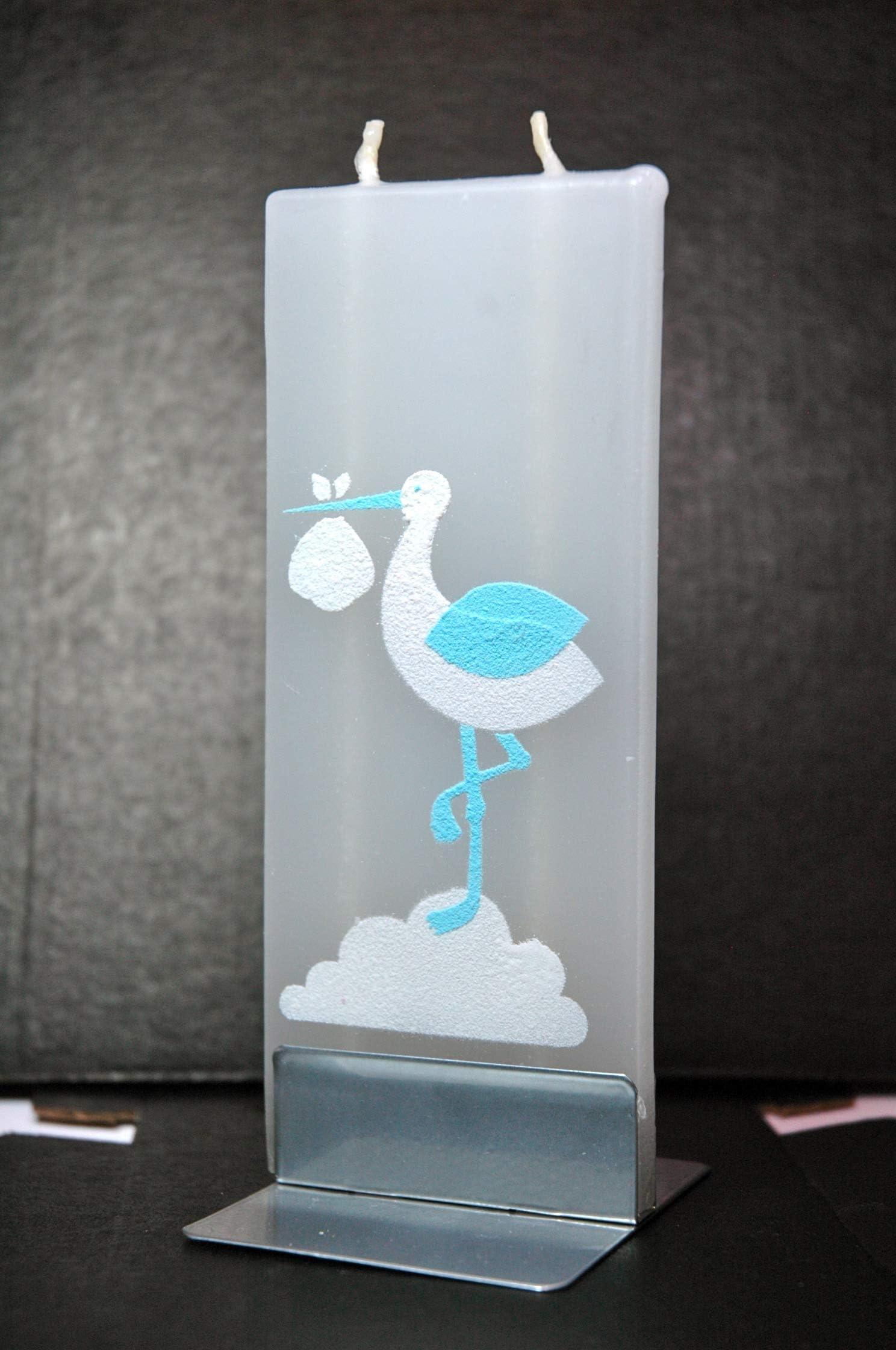 Baby Shower Blue Stork Hand Made & Painted Wax Flat Candle with Candle Holder from Europe It's a boy