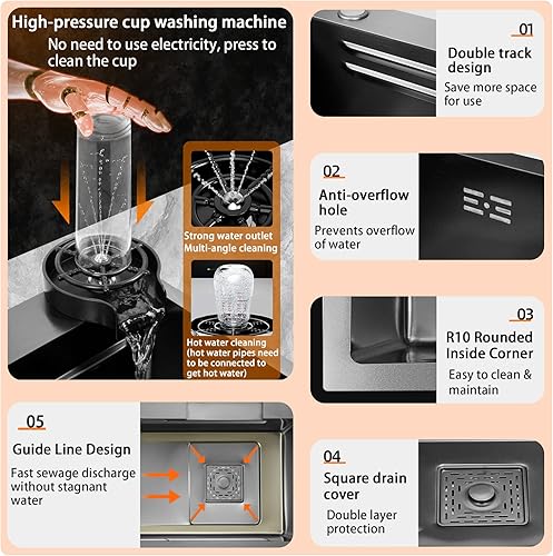 Miniatura 6 de Fregadero de cocina nano negro y gris 304 de acero inoxidable 304, fregadero de cocina con estación de trabajo de un solo tazón, fregadero de cocina