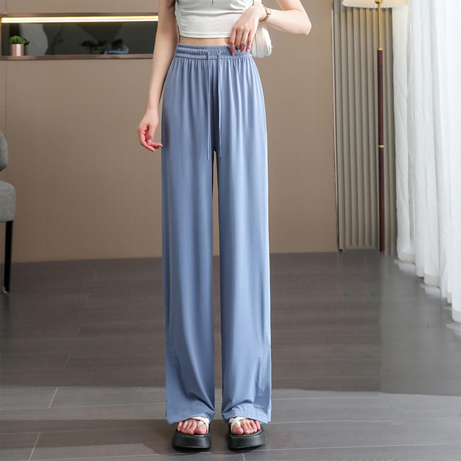 Womens Summer Ice Silk Pants Drawstring High Waist Wide Leg Casual Trouser Loose Lightweight Sweatpants with Pockets(Blue,X-Large)