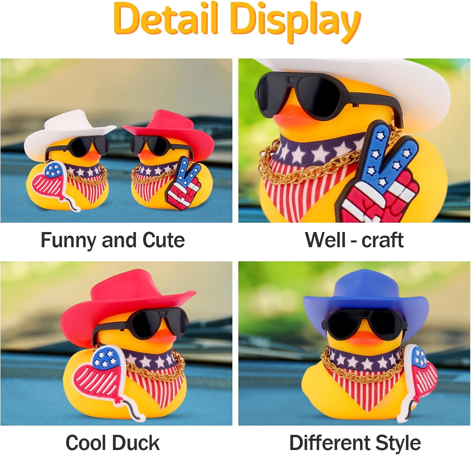 wonuu Rubber Duck Car Ornaments American Flag Scarf Dashboard Decorations with Cowboy Hat Independence Day Accessories, Sign-Blue