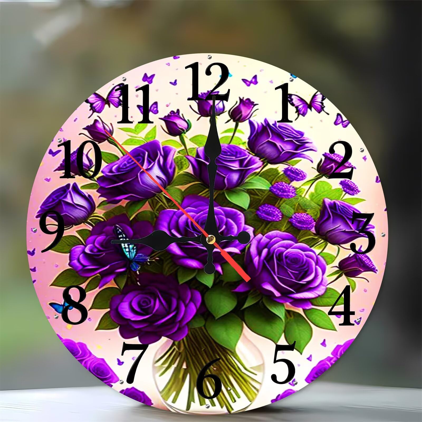 Horloge murale en bois ronde 35 cm violette décorative pour salon et cuisine