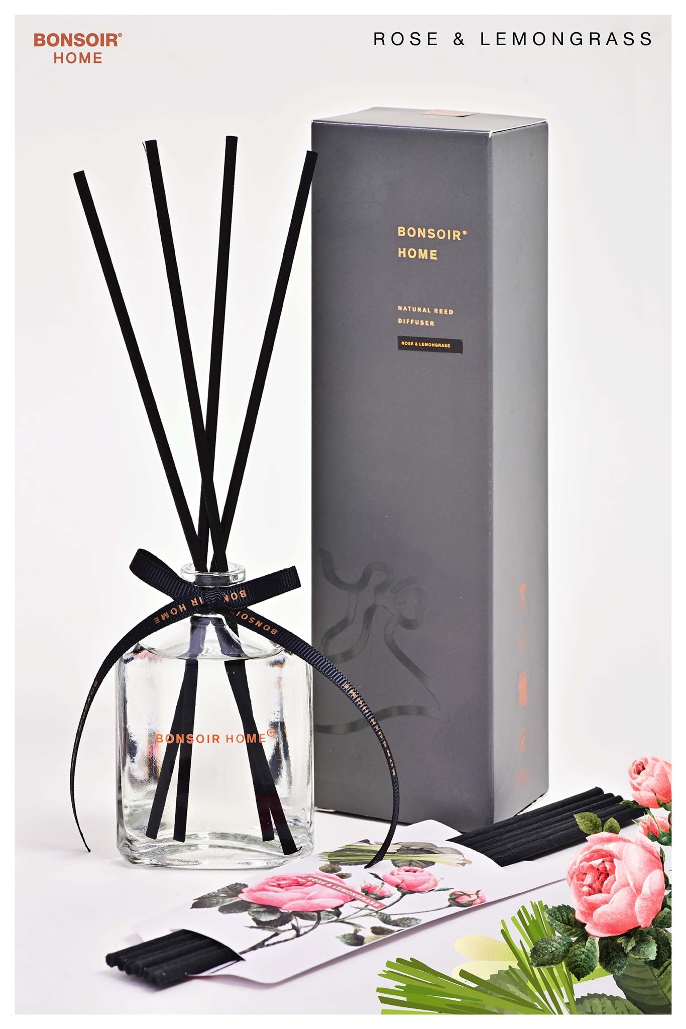 BONSOIR Premium Natural Alcohol-Free Reed Diffuser Set 60 ml (2 oz) with Long Lasting Fragrance | Perfect for Bedroom, Office, Bathroom and Living Space (Rose & Lemongrass), Soft Yellow