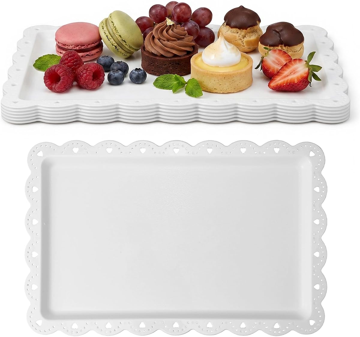 Paquete de 12 platos desechables de 14,6 x 9,4 pulgadas, bandejas rectangulares de plástico blanco para servir, reutilizables, sin BPA, ligeros para fiestas, bodas, buffet, aperitivos, postres