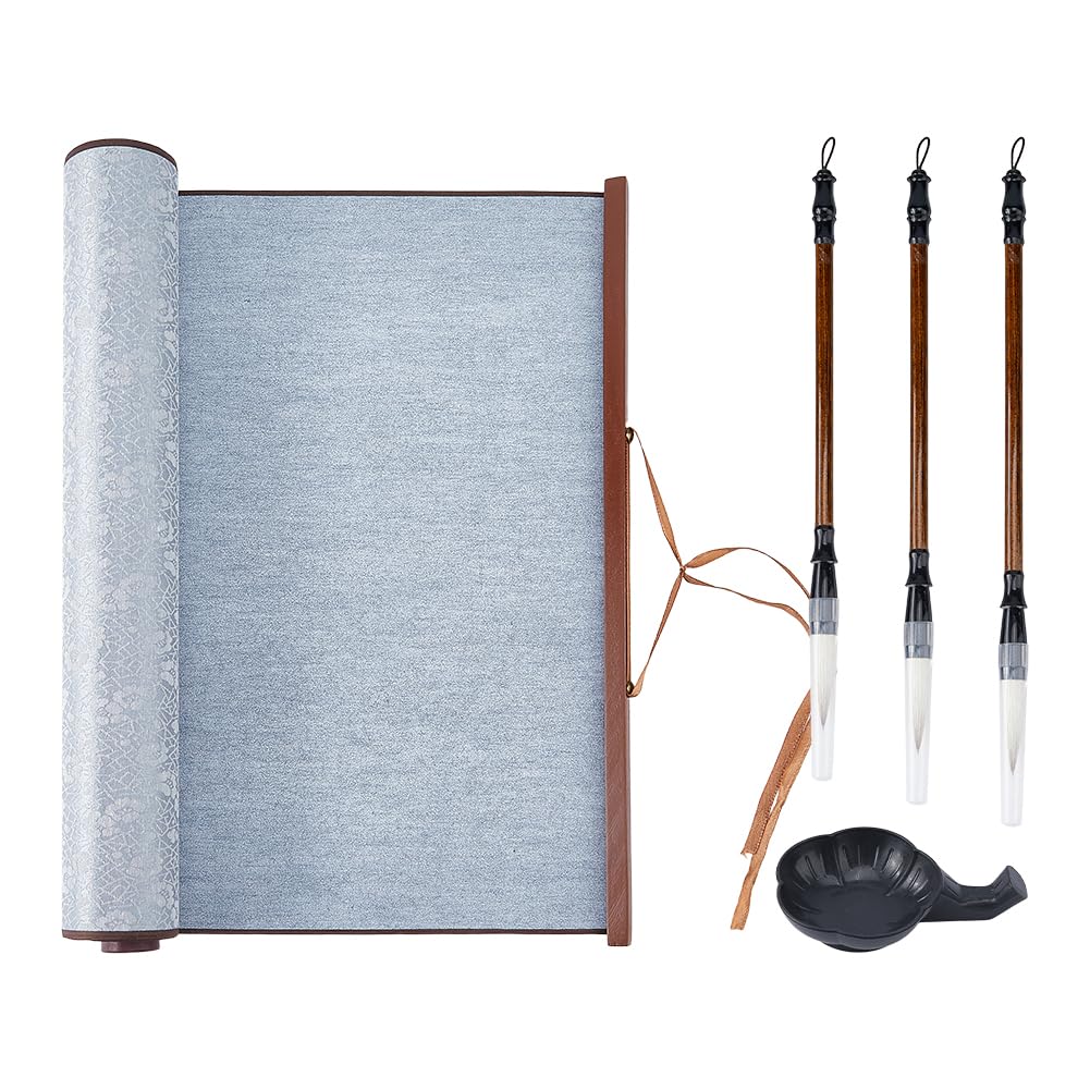 TNKBREEZE No Ink Chinese Calligraphy Set Grey Reusable Water Writing Magic Cloth Scrolls with 3 Wood Brushes and Palstic Ink Rest for Beginners Student Professional Practice