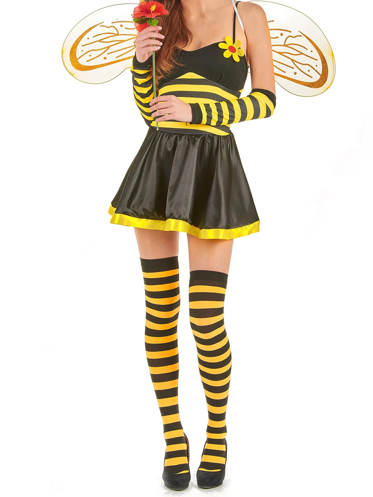 ensswliz Women Bee Halloween Costumes with Wings Headband Leg Sleeves for Party Dress Up Funny Animal Costume Bumble Bee (I-Yellow, S) โ image 1