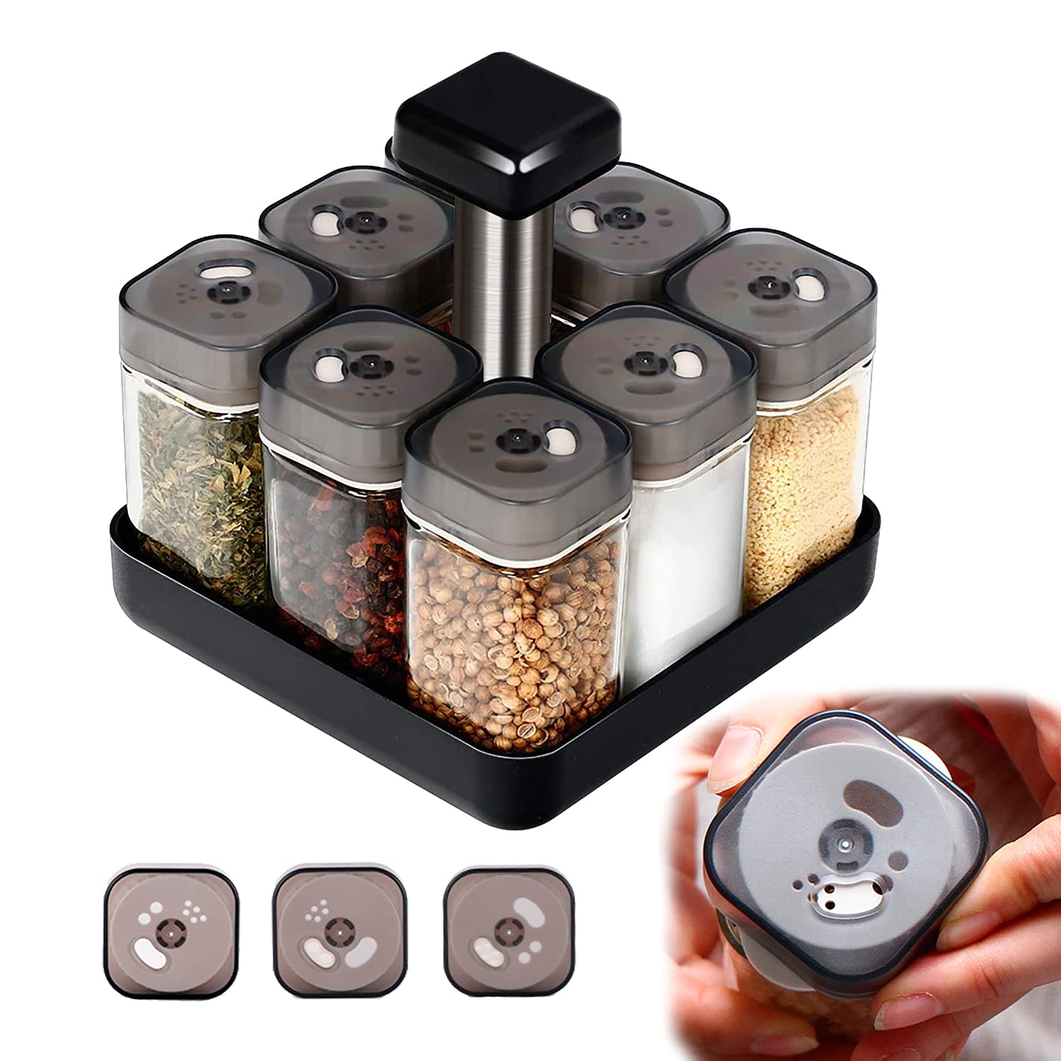 O&OIE Revolving Spice Rack Organizer Caddy,8 PCS Sodium Lime Glass& ABS Plastic Spice Jar, Rotating Lid European-Style, for BBQ,Cupboard and Kitchen Countertop Spice Rack(Spices Not Included)