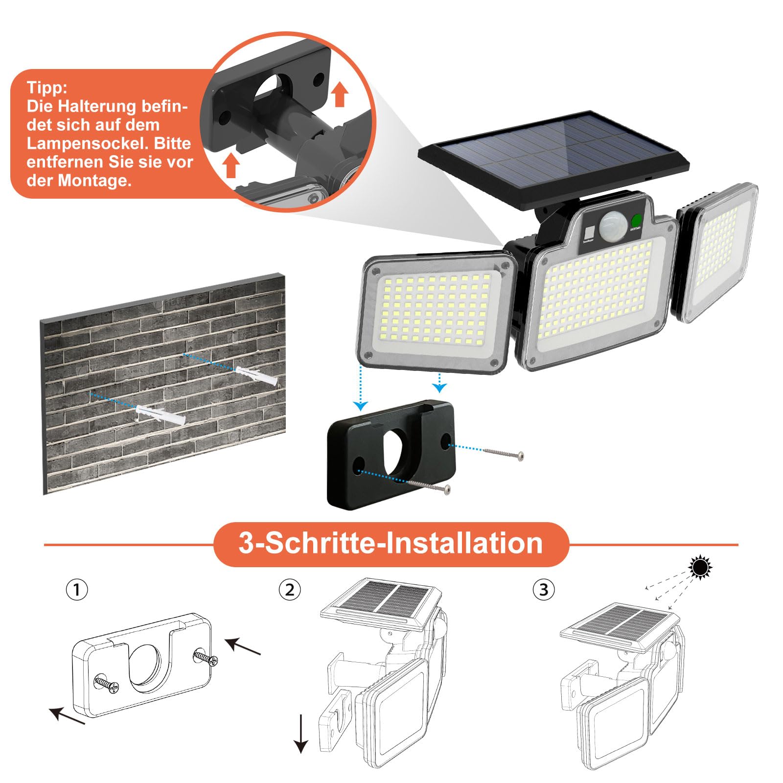 JumJam 280 LED-Solar-Flutlichter für den Außenbereich, 3 verstellbare Köpfe, Solarleuchten für den Außenbereich, Garten, Bewegungsmelder, wasserdicht, kabellos, Solar-Sicherheitsleuchten, außen für