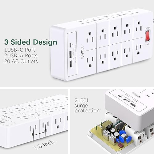 Miniatura 2 de Protector de sobretensiones 23 en 1, cable de extensión de 6 pies con 3 puertos USB inteligente 3.1A, adaptador de salida múltiple 20 tomas,