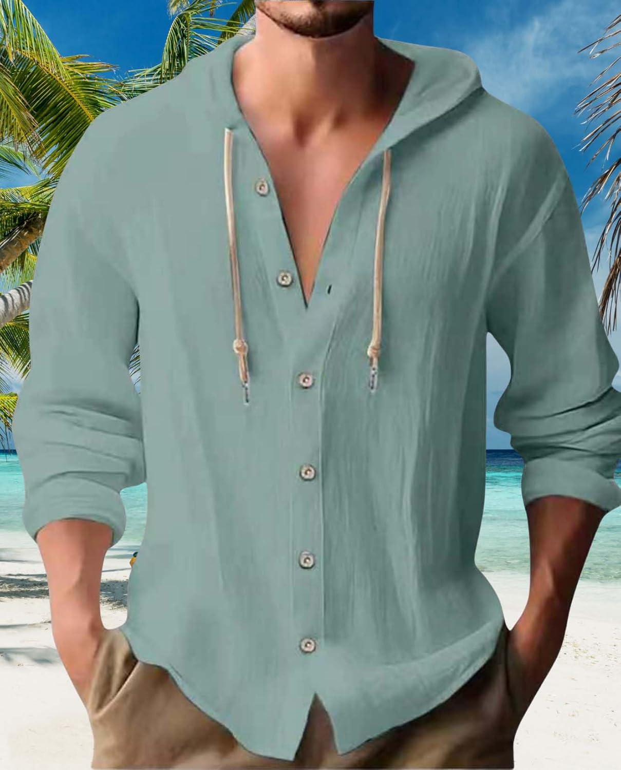 Linen Hoodie Shirt for Men Long Sleeve Button Down Loose Lightweight Beach Vacation Shirts Top - Image 2