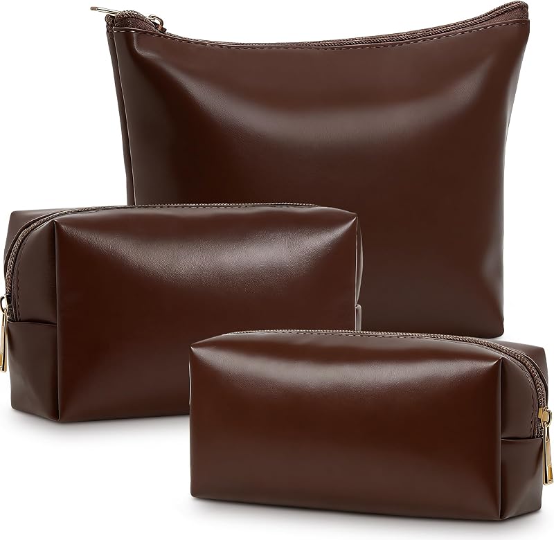 Kigeli Conjunto com 3 necessaires de maquiagem em couro sintético, Coffee