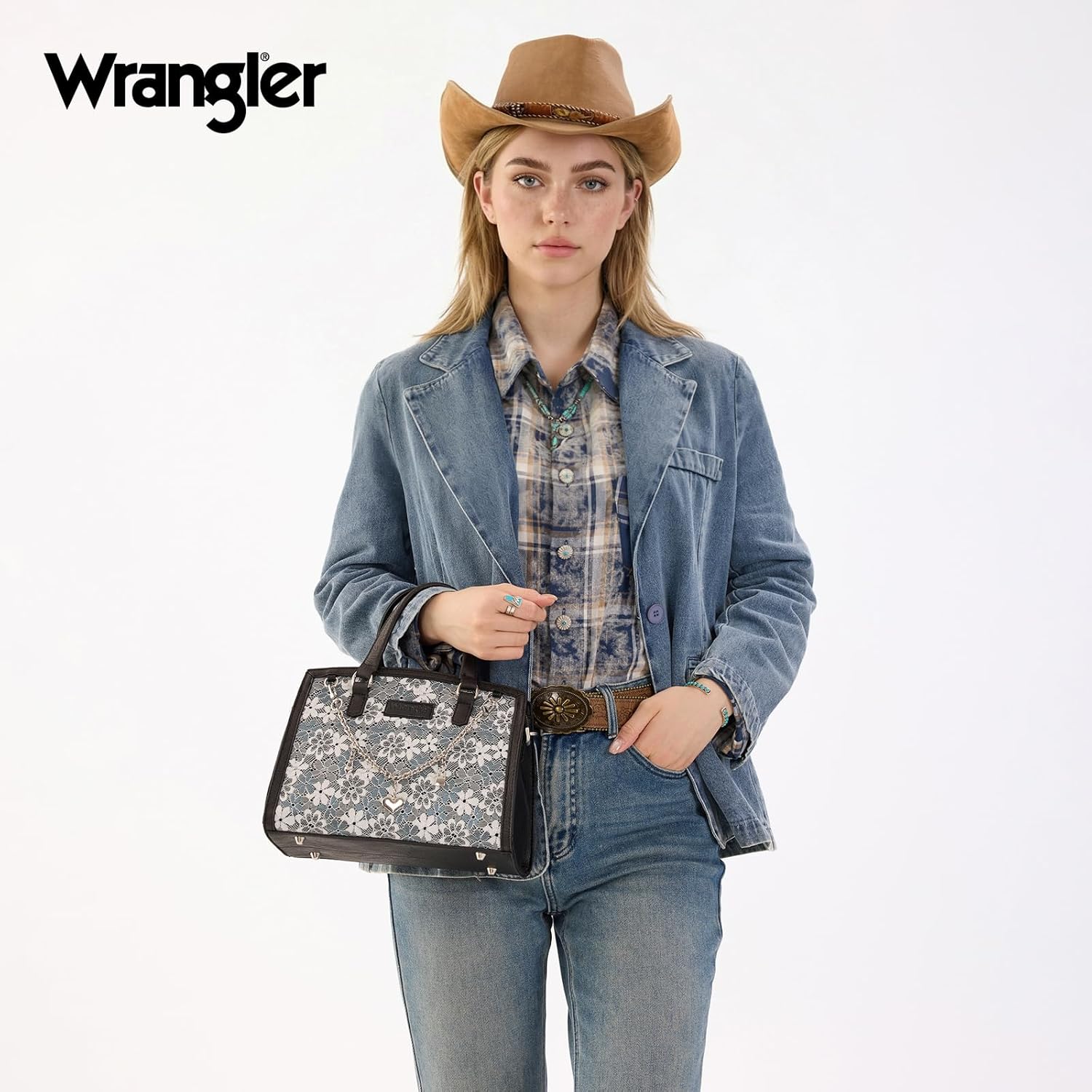 Wrangler Lace Tote Bag for Women, Medium Crossbody Top Handle Handbags Ladies Satchel Elegant Purse Charms for Wedding Gift