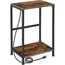 LOAKEKEL Side Table with Charging Station, Narrow End Table with 1 AC Outlet, 1 USB Port, 1 Type-C Port, Small Bedside Table with 2-Tier Storage Shelf for Living Room, Bedroom, Brown, HET03SQPBR-1