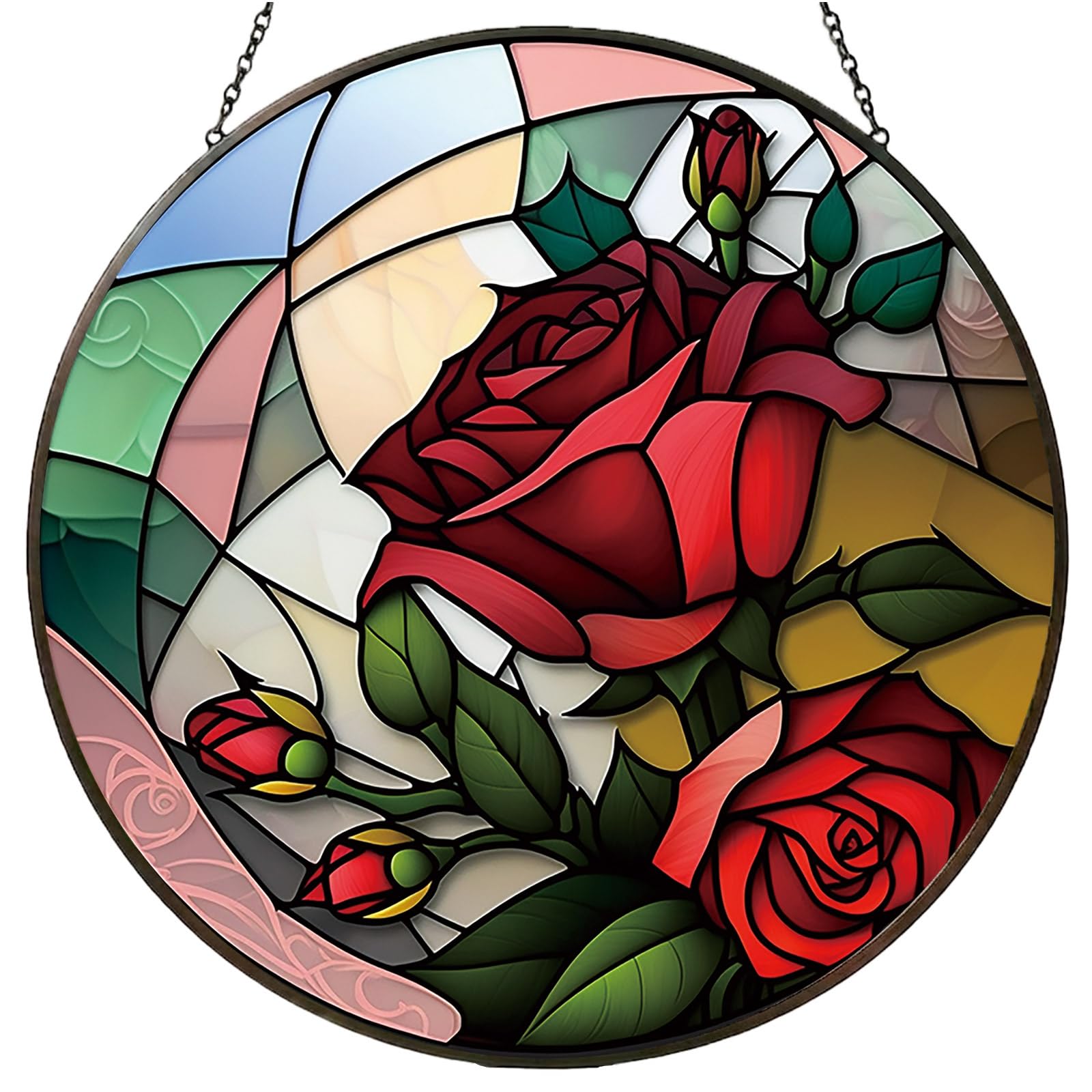 Stained Glass Window Hanging Red Rose Buds Suncatcher, Floral Sun Catcher for Windows, Doors & Home Decor, Decorative Gift for Grandma, Nana, Women for Mother's Day Birthday