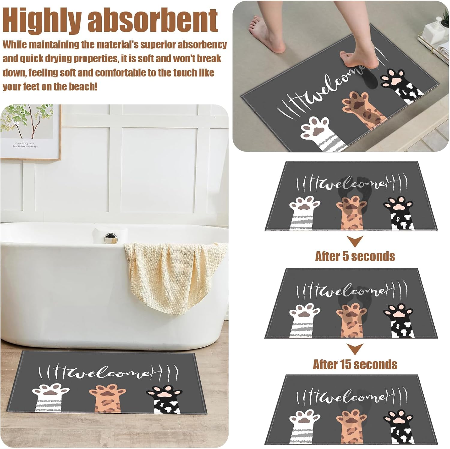 Cute Cat Paws Bath Mat,Bathroom Rug,Shower Mats for Bathtub Shower Room Sinks,Non-Slip Floor Mats Soft Doormats for Home Decor 17x30 Inch