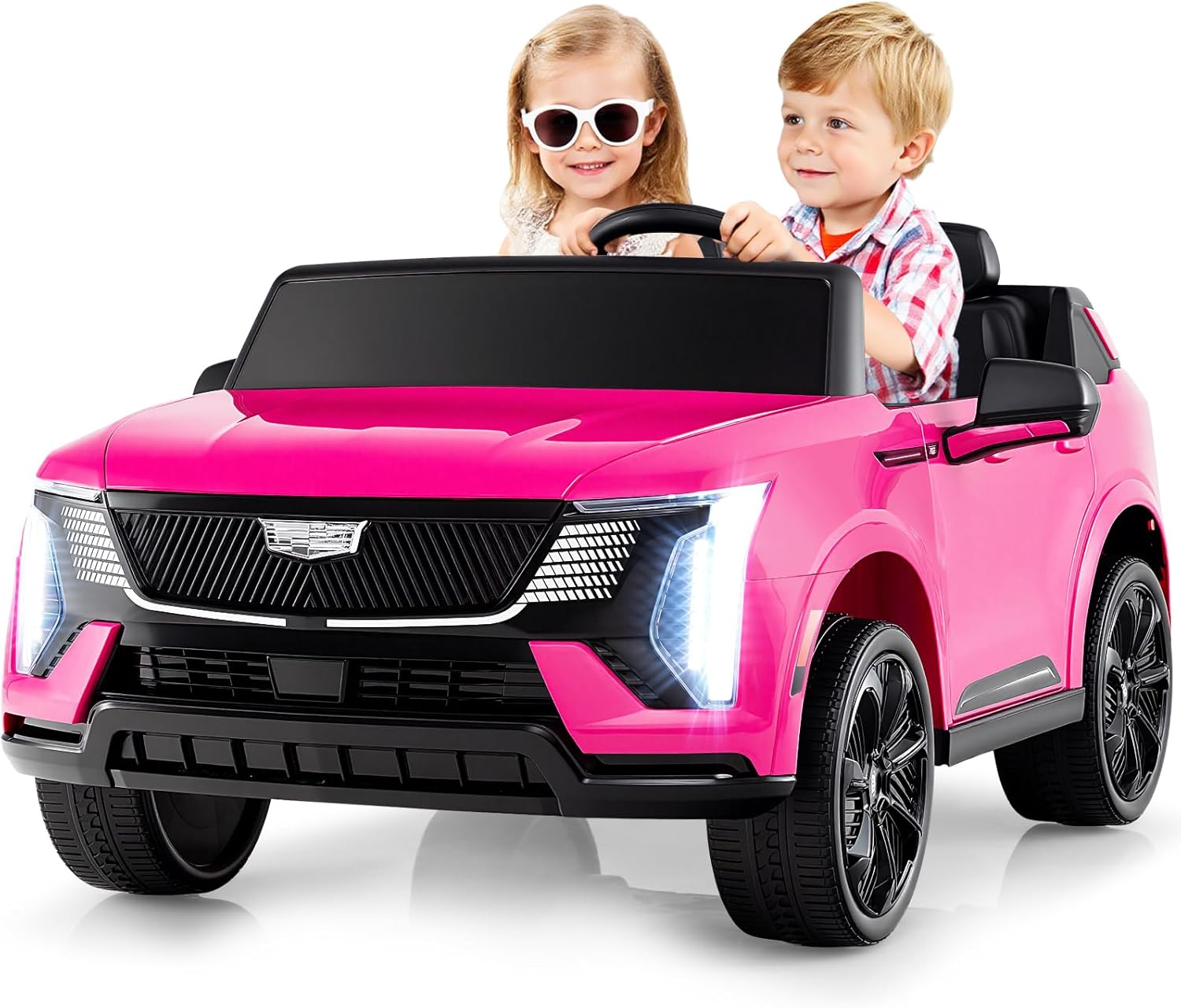 Costzon 2 Seater Ride on Truck, 24V Licensed Cadillac Kids Car Electric Vehicles w/Remote Control, 3 Speeds, LED Lights, Horn, Music, Story & 4-Wheel Spring Suspension, Ride on Car Toy for 3+ (Pink)