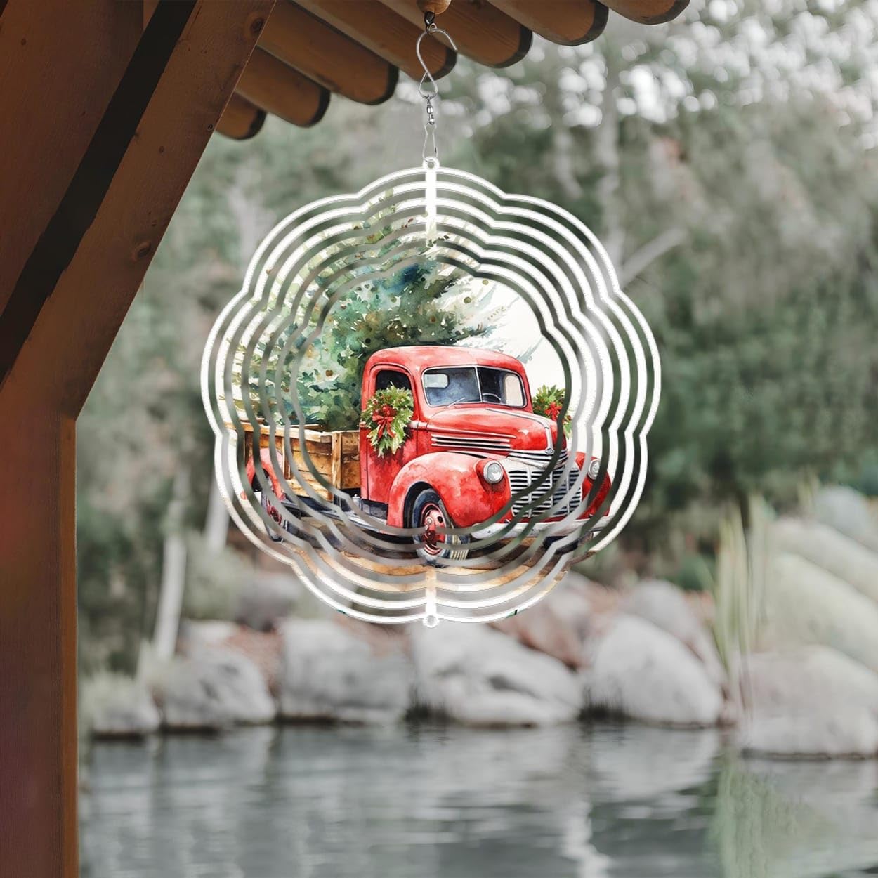 Red Truck Christmas Trees Christmas Wind Spinners 3D Stainless Steel Laser Cut Metal Double Sided Printing-Hanging Indoor/Outdoor Decorations Yard Gardening Decor,Metal Kinetic Art 14x14 inches