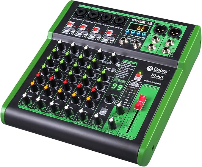D Debra Mixer audio professionale a 6 canali con 99 effetti digitali DSP, ingresso MP3, 48 V