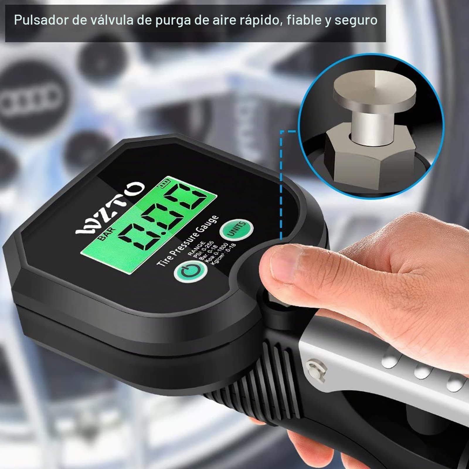 Manometro Presion Neumaticos Digital, 255 PSI Manómetro Digital Inflador Ruedas Coche con Manguera de Goma Manómetro para Coche Moto Bicicleta y Camión - Garantía de 2 Años